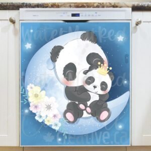 Mom and Baby Panda on the Moon Magnetic Dishwasher Door Cover