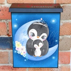 Mom and Baby Penguins on the Moon Colonial Mailbox Cover