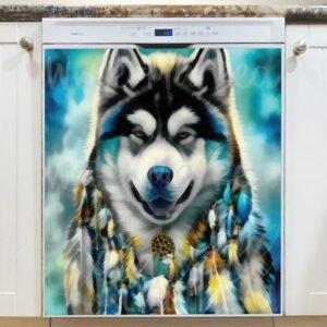 Native Husky with Feathers Magnetic Dishwasher Door Cover