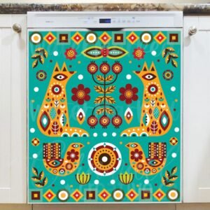 Folk Pattern with Foxes and Birds Magnetic Dishwasher Door Cover