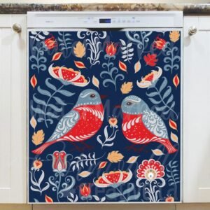Folk Bird Couple Magnetic Dishwasher Door Cover