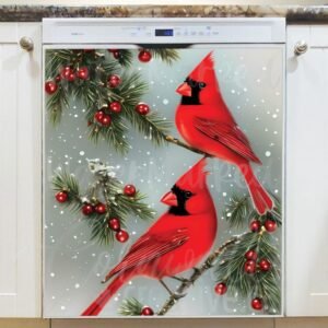 Christmas Cardinals on a Tree Magnetic Dishwasher Door Cover