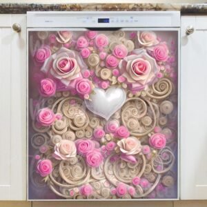 Pink Roses and White Heart Magnetic Dishwasher Door Cover