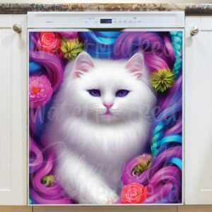 Beautiful White Cat and Flowers Magnetic Dishwasher Door Cover