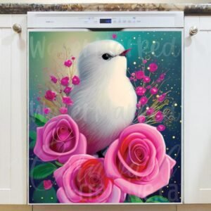 Fluffy White Bird and Roses Magnetic Dishwasher Door Cover