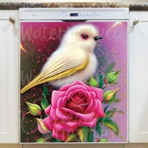 Fluffy White Bird and Roses #2 Magnetic Dishwasher Door Cover