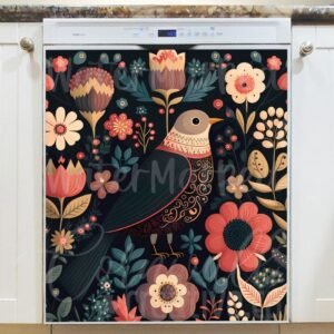 Vintage Folk Bird and Flowers #2 Magnetic Dishwasher Door Cover