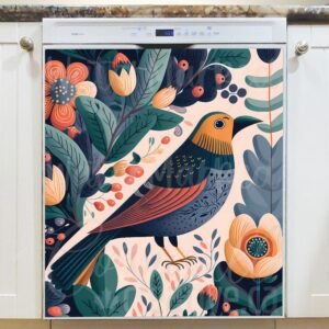 Vintage Folk Bird and Flowers #3 Magnetic Dishwasher Door Cover