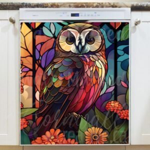 Stained Glass Owl and Flowers Design Magnetic Dishwasher Door Cover