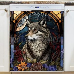 Stained Glass Wolf and Flowers Design Magnetic Dishwasher Door Cover