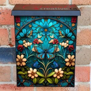 Stained Glass Blue Butterfly Design Colonial Mailbox Cover