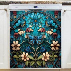 Stained Glass Blue Butterfly Design Magnetic Dishwasher Door Cover