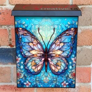 Stained Glass Butterfly and Roses Design Colonial Mailbox Cover