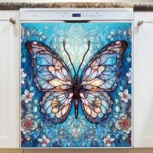 Stained Glass Butterfly and Roses Design Magnetic Dishwasher Door Cover