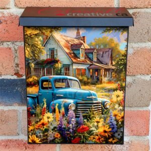 Farmhouse and an Old Blue Truck Colonial Mailbox Cover
