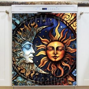 Stained Glass Sun and Moon Design Magnetic Dishwasher Door Cover