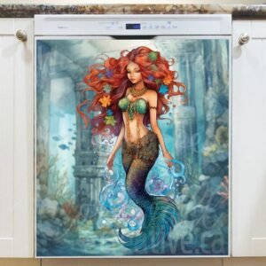Pretty Redheaded Black Mermaid Magnetic Dishwasher Door Cover