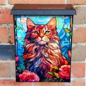 Stained Glass Maine Coon Cat Design Colonial Mailbox Cover