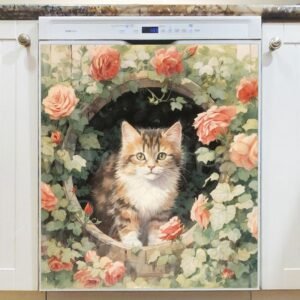Vintage Cat and Roses Magnetic Dishwasher Door Cover
