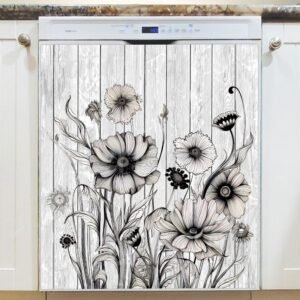 Black Flowers on Grey Wood Design Magnetic Dishwasher Door Cover