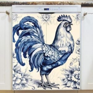 Blue Vintage Rooster Magnetic Dishwasher Door Cover