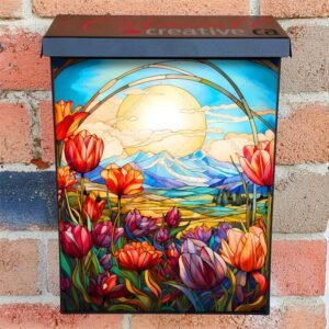 Stained Glass Tulip Field Design Colonial Mailbox Cover