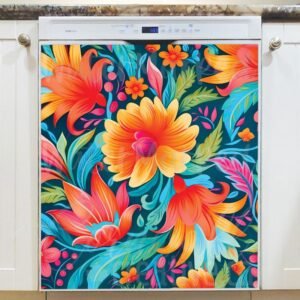 Colorful Folk Flowers Magnetic Dishwasher Door Cover