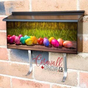 Row Of Colorful Easter Eggs On Wooden Table in the Garden Wall-mounted Townhouse Mailbox Cover