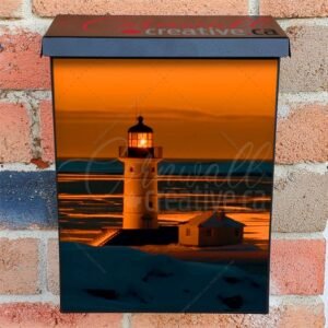 Sunset Over Winter Coastline Illuminated Lighthouse Colonial Mailbox Cover