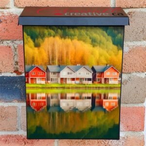 Row Of Colorful Wooden Houses Lake Reflection 2 Colonial Mailbox Cover