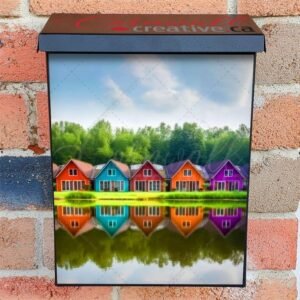 Row Of Colorful Wooden Houses Lake Reflection 4 Colonial Mailbox Cover