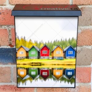 Row Of Colorful Wooden Houses Lake Reflection 5 Colonial Mailbox Cover