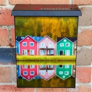 Row Of Colorful Wooden Houses Lake Reflection 6 Colonial Mailbox Cover
