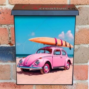 Pink Beetle With Surfboard Colonial Mailbox Cover