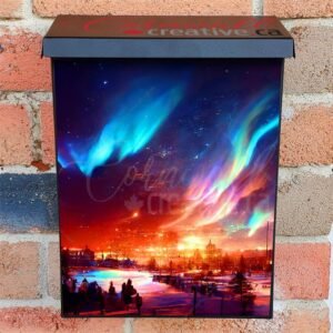 Colorful Northern Lights Over The Sea Snowy Mountains And City Colonial Mailbox Cover
