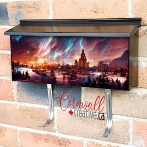 Colorful Northern Lights Over The Sea Snowy Mountains And City Wall-mounted Townhouse Mailbox Cover