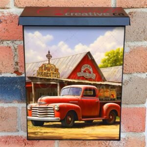 American Old Red Vintage Retro Truck on the Street Colonial Mailbox Cover