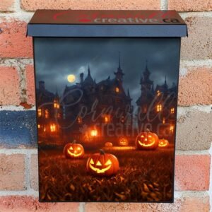 A Group Of Carved Pumpkins Sitting On Top Of A Field with Castles Colonial Mailbox Cover