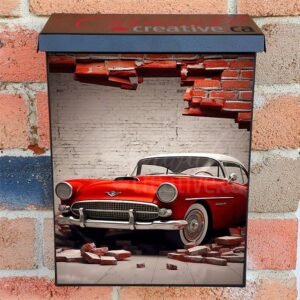 Broken Wall Bricks And A Classic Red Car 2 Colonial Mailbox Cover