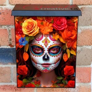 Sugar Skull Female With Red And Orange Roses Colonial Mailbox Cover