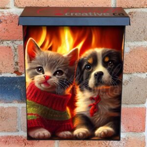 Kittens And In Puppy In Christmas Sweaters In Front Of The Fireplace Colonial Mailbox Cover