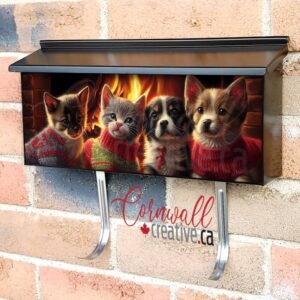 Kittens And In Puppy In Christmas Sweaters In Front Of The Fireplace Wall-mounted Townhouse Mailbox Cover