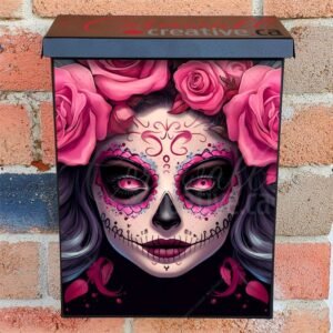 Face Painted Grey Haired Sugar Skull Female With Pink Roses Colonial Mailbox Cover