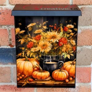 Autumn Flowers, Pumpkins and Coffee Colonial Mailbox Cover