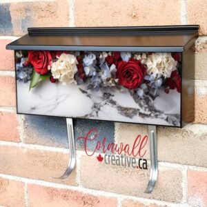 A Wreath Of Red White And Blue Flowers On Marble Wall-mounted Townhouse Mailbox Cover