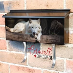 A White Wolf Lies On A Log Wall-mounted Townhouse Mailbox Cover