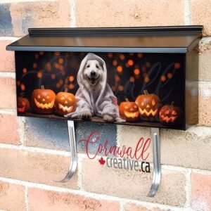 Dog Wearing A Ghost Costume Sitting Among Pumpkins Wall-mounted Townhouse Mailbox Cover