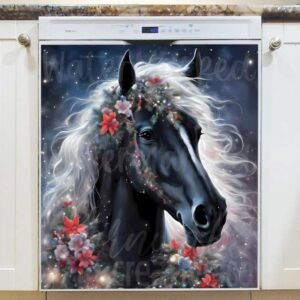 Black Christmas Horse 2 Magnetic Dishwasher Door Cover