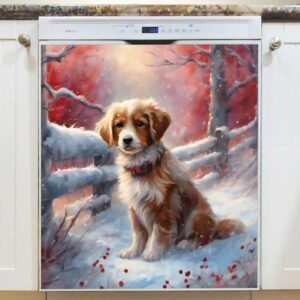 Winter Puppy on a Snowy Road Magnetic Dishwasher Door Cover