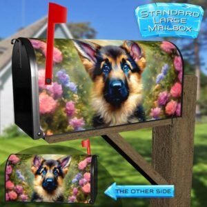 German Shepherd Puppy and Flowers Rural Farm Mailbox Cover